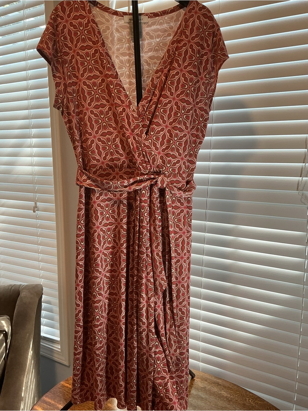 Nine West Rust Red and Ivory Printed Faux Wrap Midi Dress